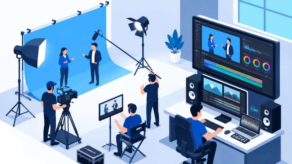 Digital illustration of a professional video production agency film set and editing suite